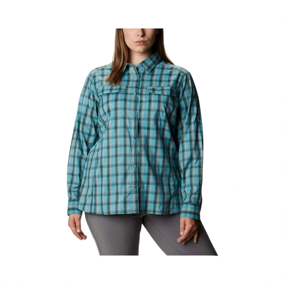 🆕Columbia Women's Silver Ridge Lite Long Sleeve Shirt, Turquoise Plaid, 1X - Picture 1 of 4